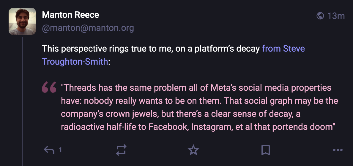 Screenshot of my post with blockquote on Mastodon.