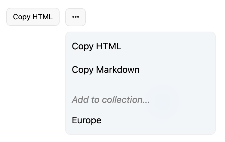 Screenshot of Micro.blog shows a context menu with options to Copy HTML, Copy Markdown, Add to collection..., and Europe.